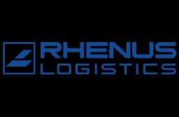 Blue Rhenus Logistics company logo with a stylized geometric design on a black background.