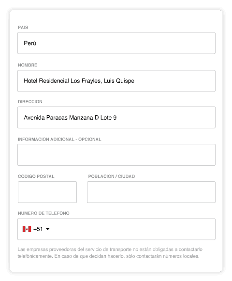 Dirección para envíos a un hotel