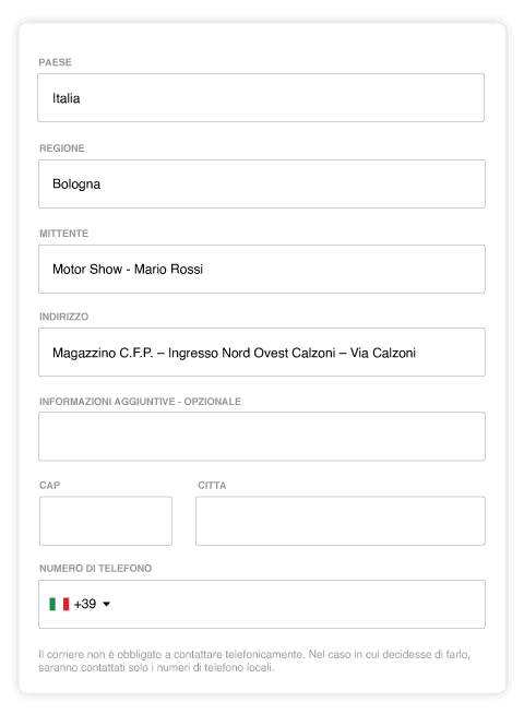 Indirizzo spedizioni fiera
