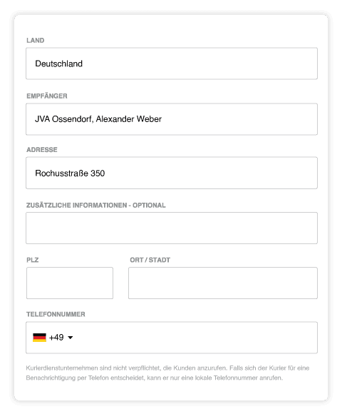 Adressformular für Sendungen mit Eurosender