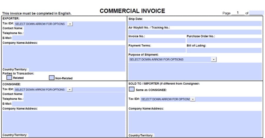 commercial invoice layout